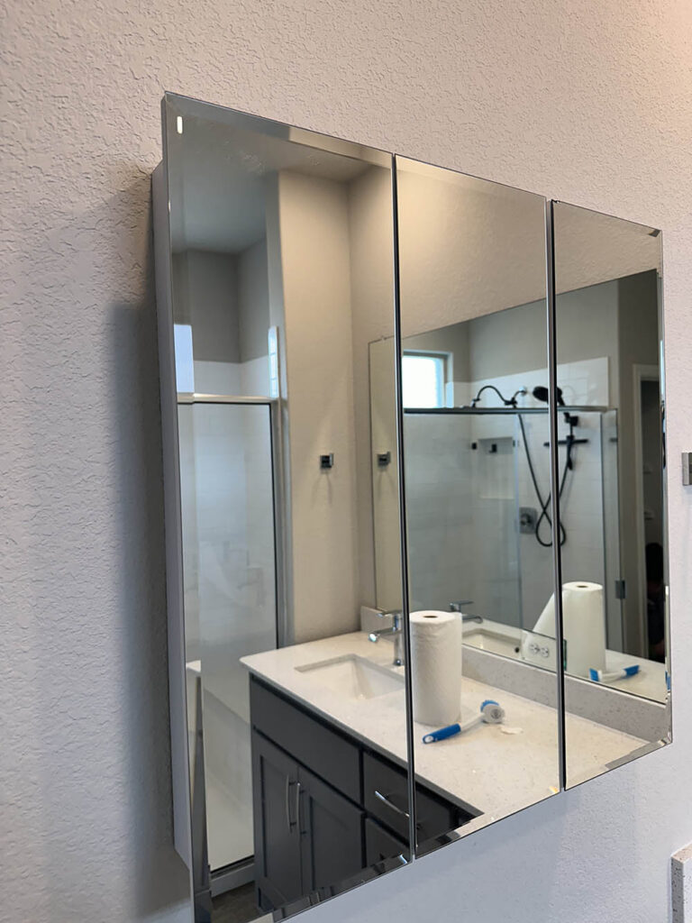 Mirrored medicine cabinet and vanity in a new-construction bathroom