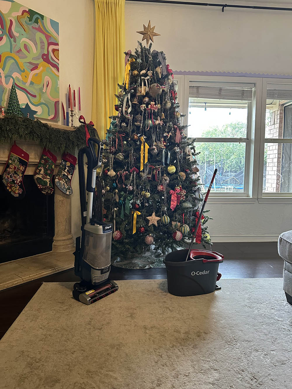 Commercial vacuum and mop bucket ready for a holiday clean in a DFW living room